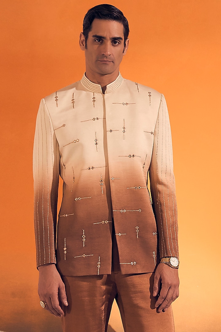Cream Ombre Raw Silk Satin Zari Embroidered Wedding Bandhgala by Philocaly at Pernia's Pop Up Shop