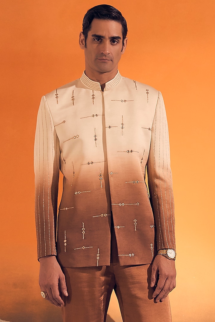 Cream Ombre Raw Silk Satin Zari Embroidered Wedding Bandhgala Set by Philocaly at Pernia's Pop Up Shop