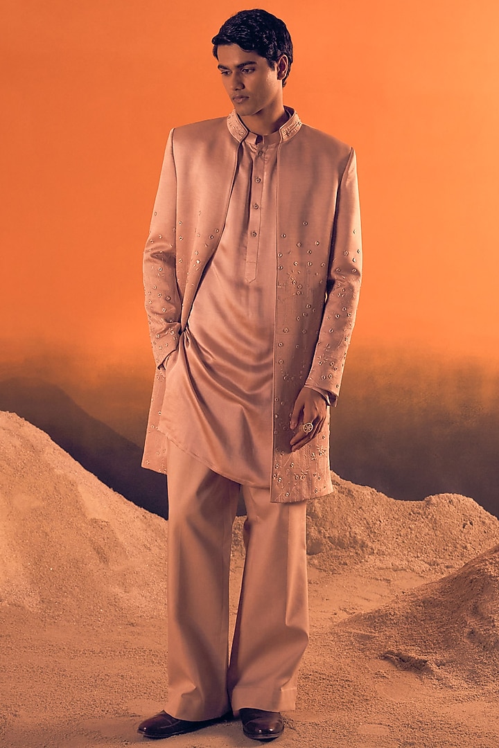 Dusty Pink Raw Silk Satin Embroidered Wedding Indowestern Set by Philocaly at Pernia's Pop Up Shop
