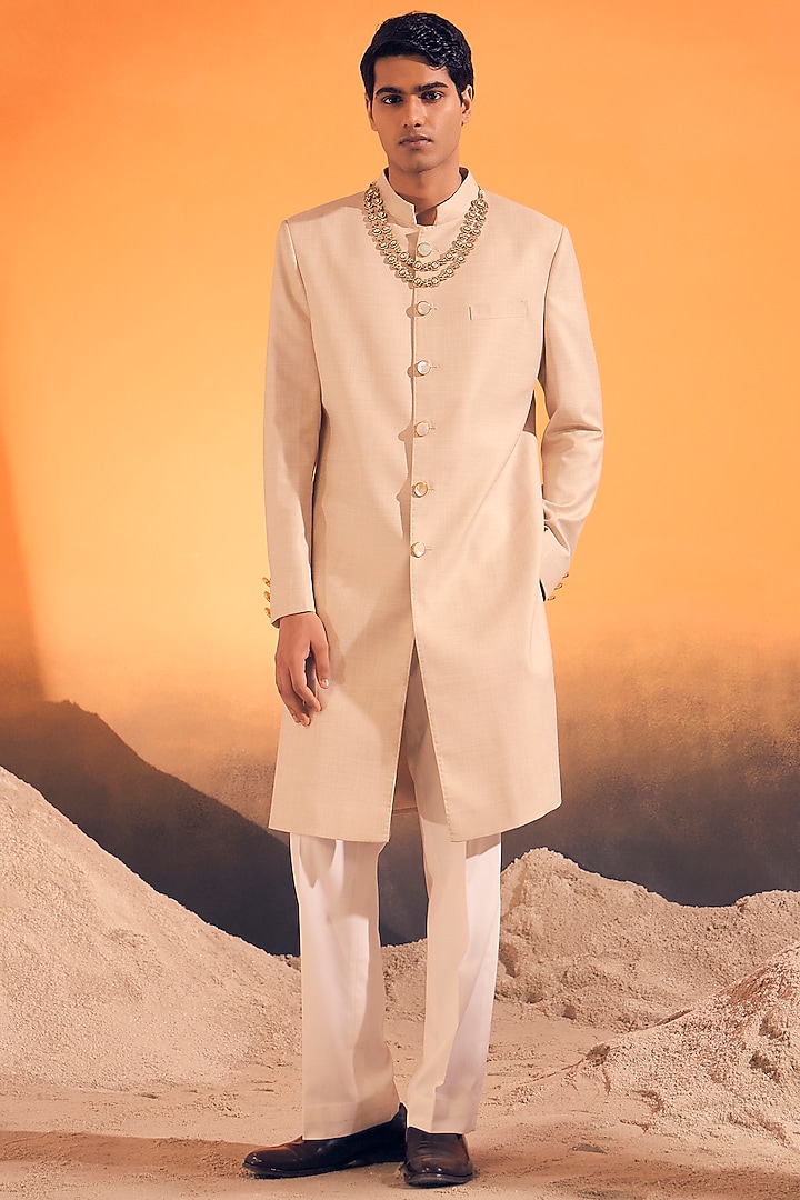 Ivory Cotton Silk & Linen Blend Wedding Indowestern by Philocaly at Pernia's Pop Up Shop