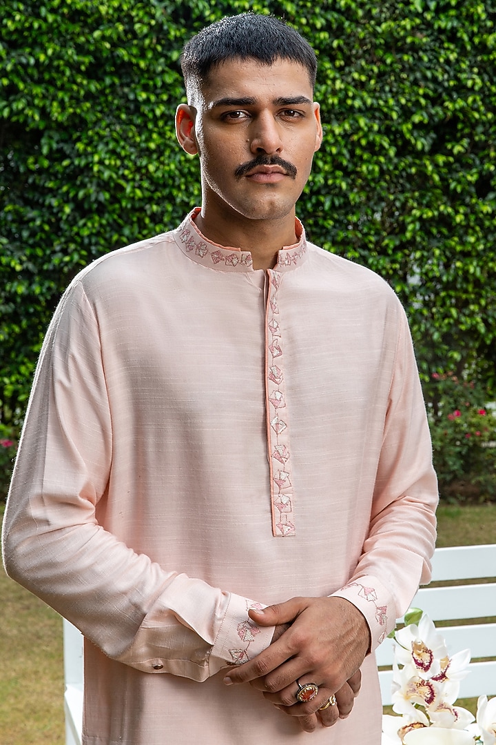 Pink Cotton Tussar Floral Embroidered Kurta by Philocaly at Pernia's Pop Up Shop