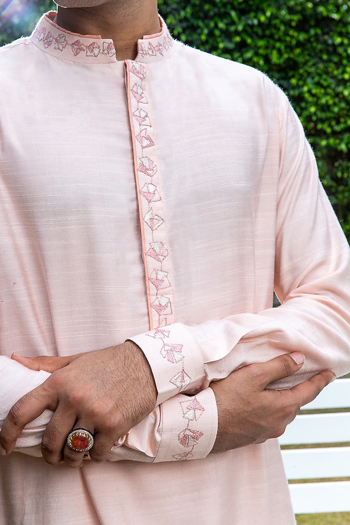 Pink Cotton Tussar Floral Embroidered Kurta by Philocaly at Pernia's Pop Up Shop