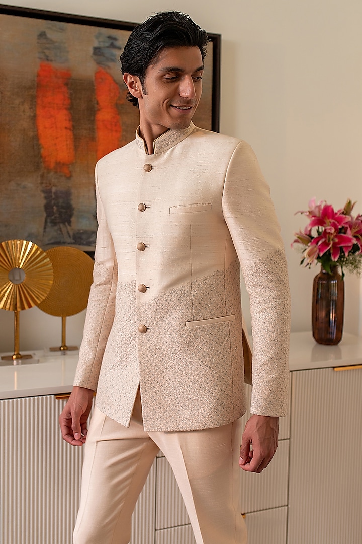 Beige Raw Silk Tonal Embroidered Bandhgala Jacket by Philocaly at Pernia's Pop Up Shop