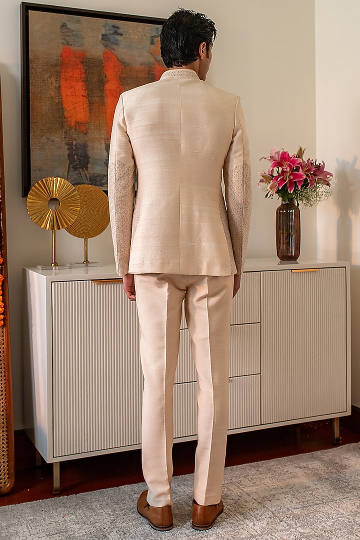 Beige Raw Silk Tonal Embroidered Wedding Bandhgala Jacket by Philocaly at Pernia's Pop Up Shop