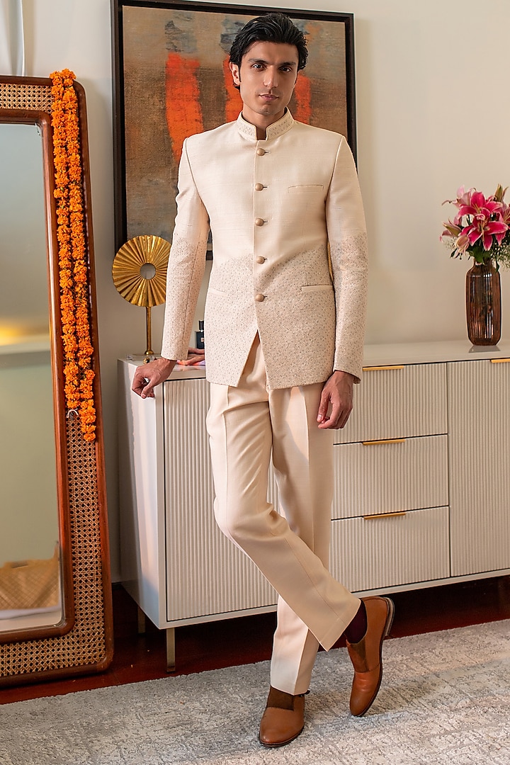 Beige Raw Silk Tonal Embroidered Wedding Bandhgala Jacket by Philocaly at Pernia's Pop Up Shop