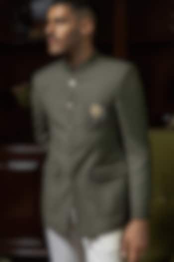 Deep Olive Perennial Wool Bandhgala Jacket by Philocaly at Pernia's Pop Up Shop