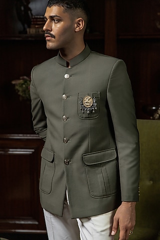 Deep Olive Perennial Wool Bandhgala Jacket by Philocaly