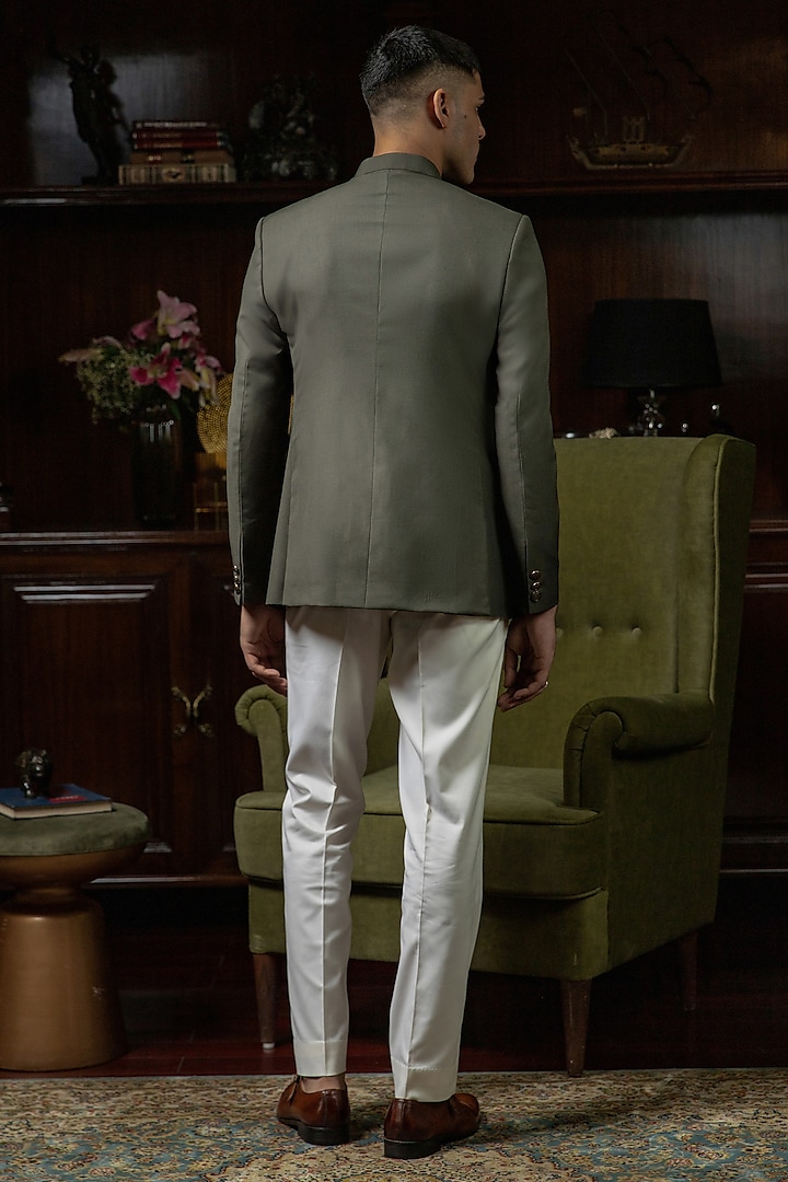 Deep Olive Perennial Wool Bandhgala Jacket by Philocaly at Pernia's Pop Up Shop