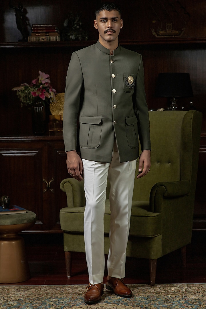 Deep Olive Perennial Wool Bandhgala Jacket by Philocaly at Pernia's Pop Up Shop