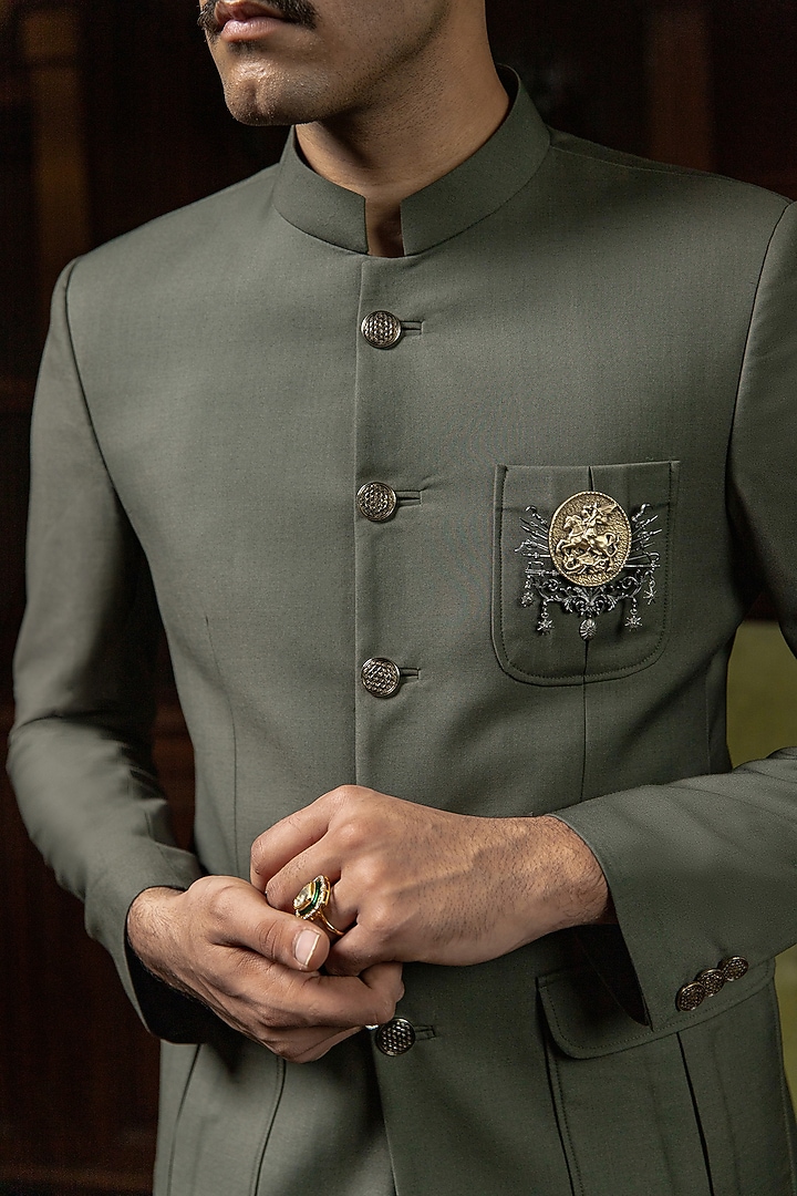 Deep Olive Perennial Wool Bandhgala Jacket by Philocaly at Pernia's Pop Up Shop