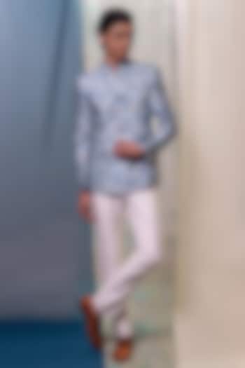 Light Blue Cotton Silk Patchwork Embroidered & Printed Bandhgala Jacket by Philocaly at Pernia's Pop Up Shop