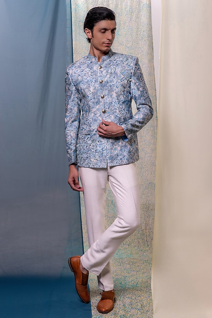 Light Blue Cotton Silk Patchwork Embroidered & Printed Bandhgala Jacket by Philocaly at Pernia's Pop Up Shop