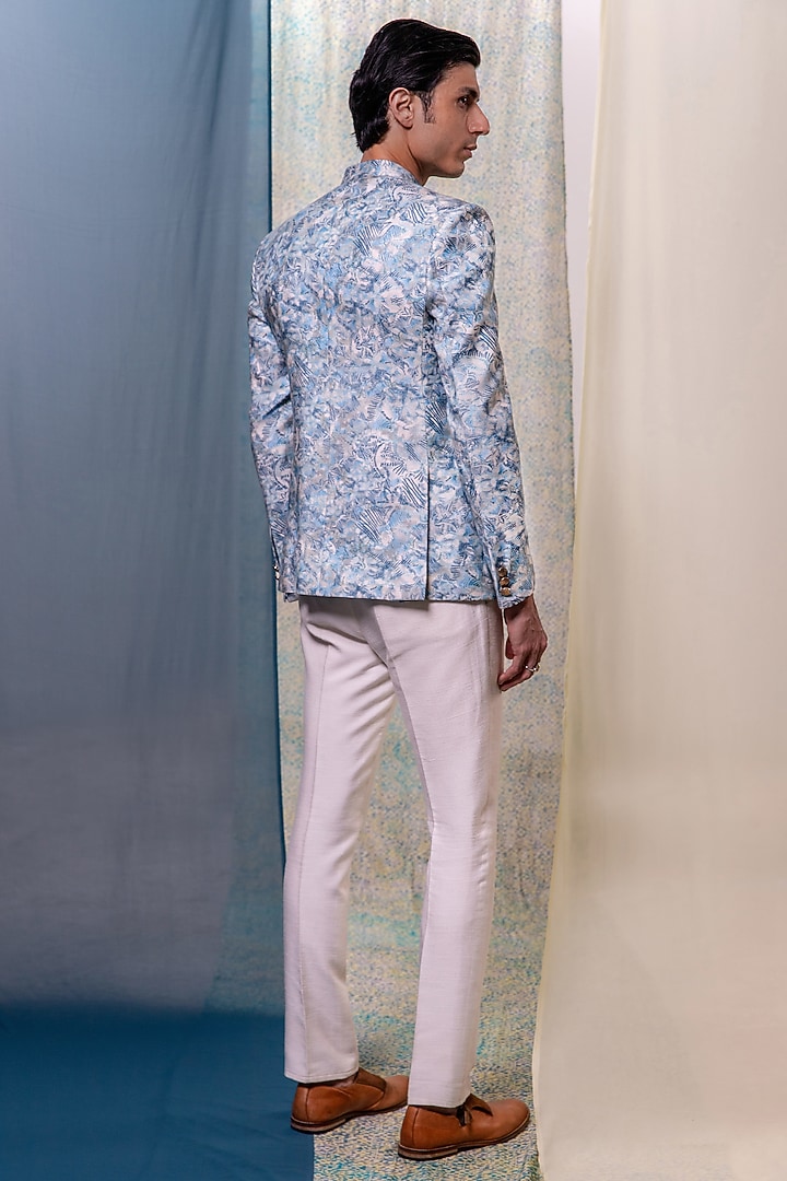 Light Blue Cotton Silk Patchwork Embroidered & Printed Bandhgala Jacket by Philocaly at Pernia's Pop Up Shop