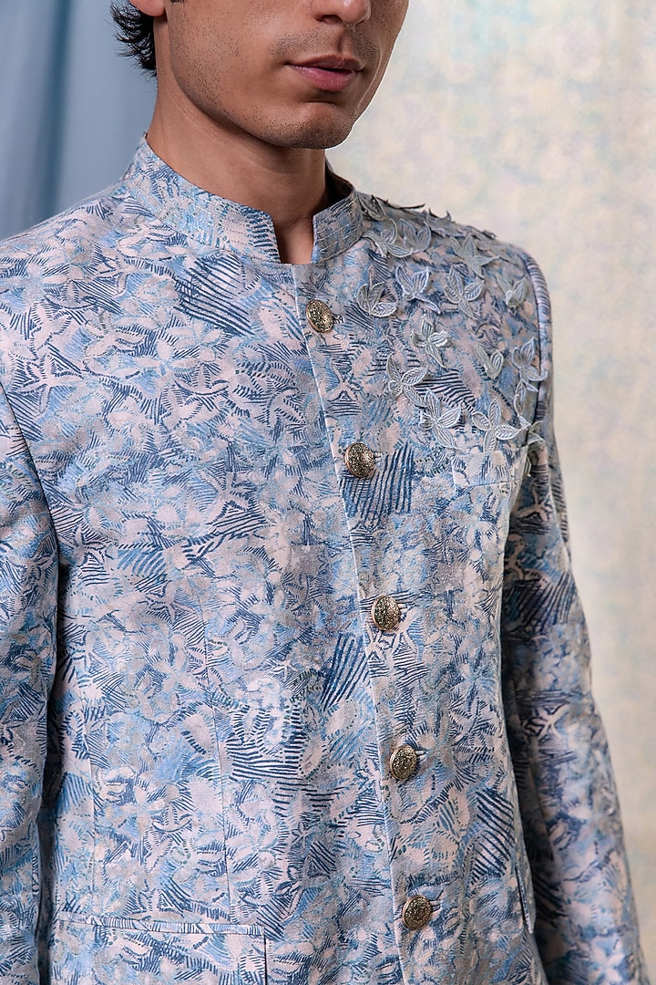 Light Blue Cotton Silk Patchwork Embroidered & Printed Bandhgala Jacket by Philocaly at Pernia's Pop Up Shop