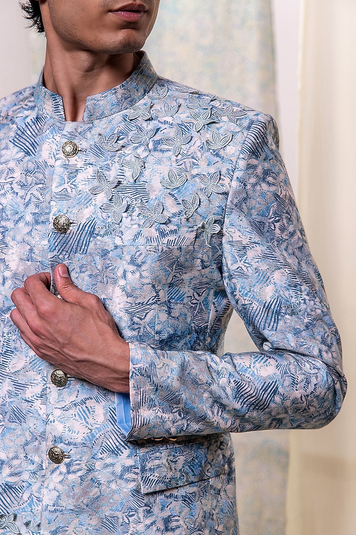Light Blue Cotton Silk Patchwork Embroidered & Printed Bandhgala Jacket by Philocaly at Pernia's Pop Up Shop