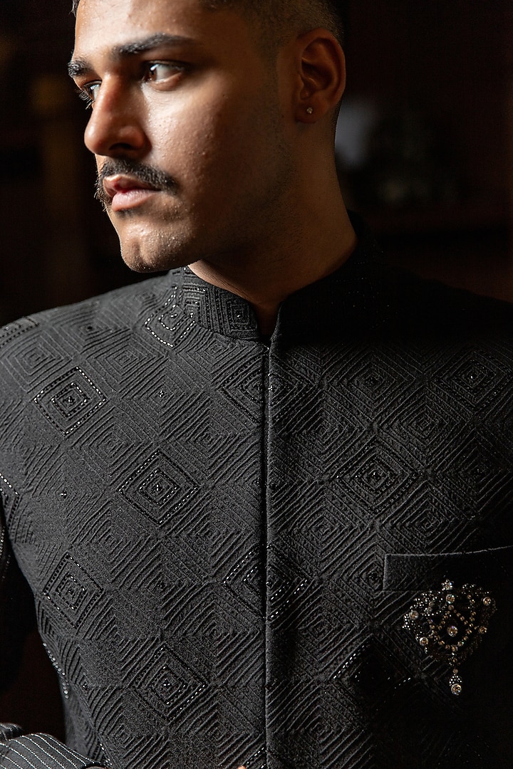 Black Cotton Silk Textured Embroidered Indo-Western Jacket by Philocaly at Pernia's Pop Up Shop
