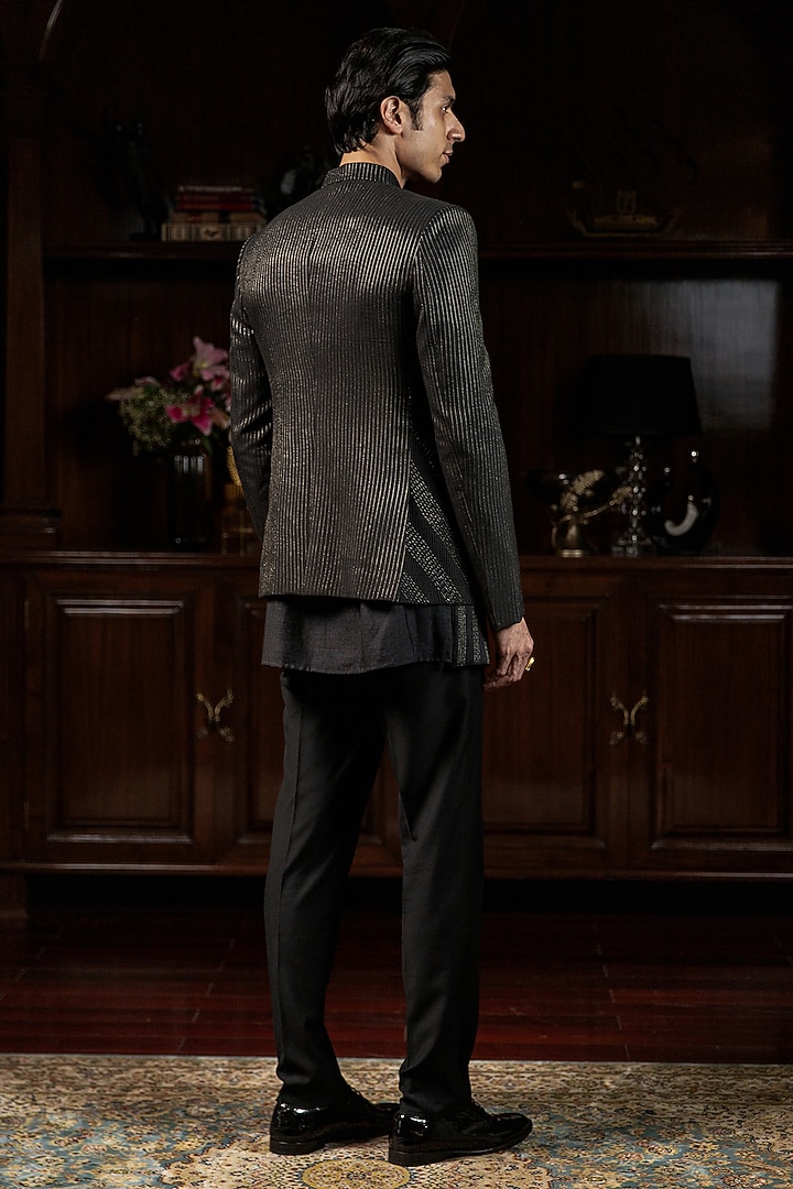Black Cotton Silk Dori Work Pintuck Wedding Bandhgala Set by Philocaly at Pernia's Pop Up Shop