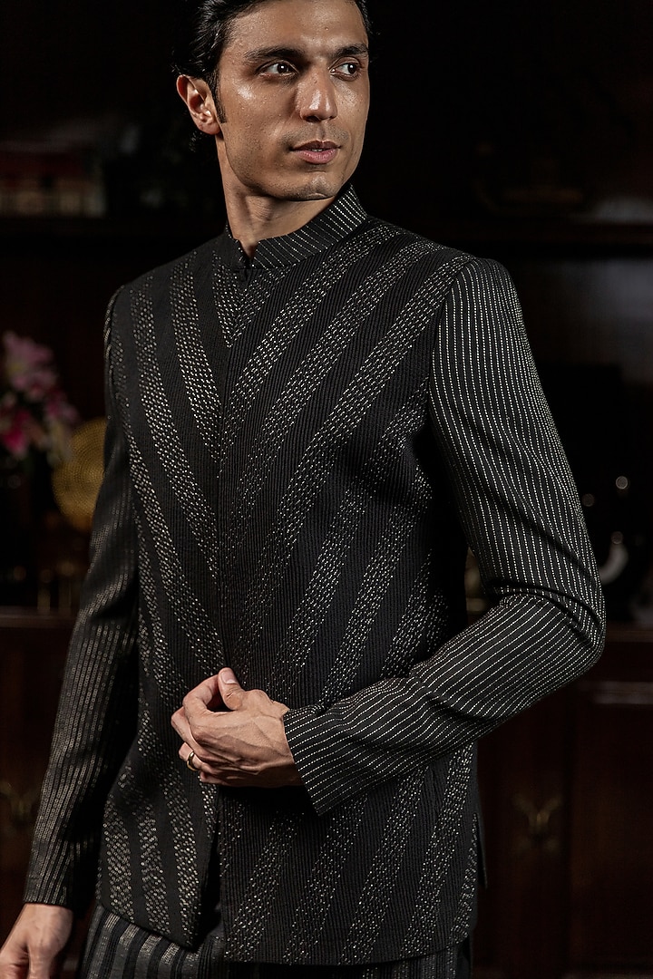 Black Cotton Silk Dori Work Pintuck Wedding Bandhgala Set by Philocaly at Pernia's Pop Up Shop