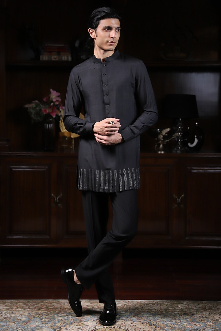 Black Cotton Tussar Pintuck Kurta by Philocaly