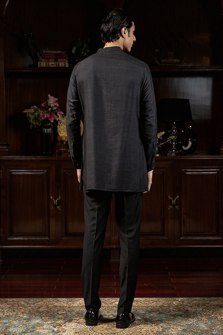 Black Cotton Tussar Pintuck Kurta by Philocaly at Pernia's Pop Up Shop