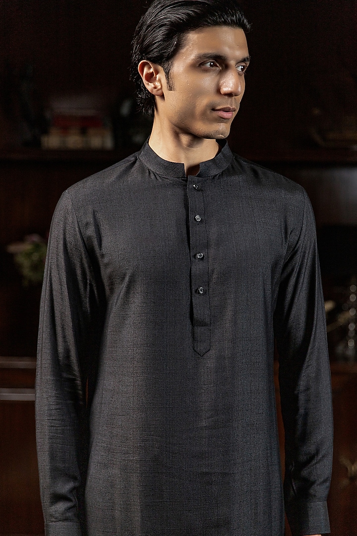 Black Cotton Tussar Pintuck Kurta by Philocaly at Pernia's Pop Up Shop