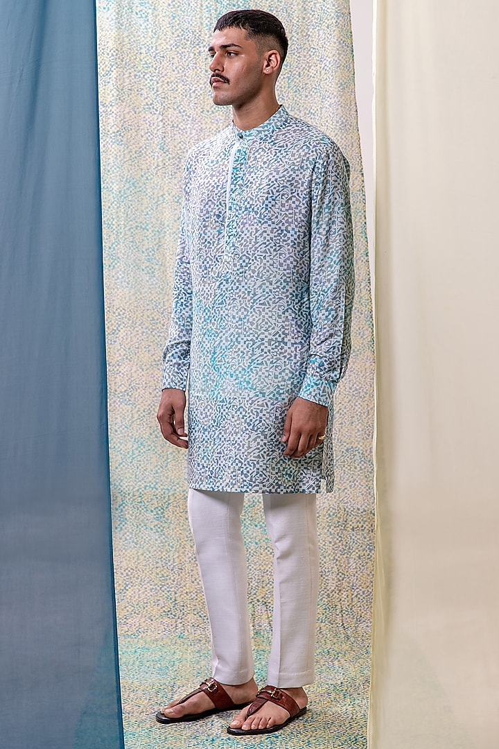 Blue & White Cotton Tussar Printed Kurta by Philocaly