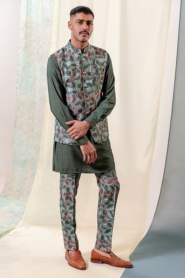 Green Cotton Silk Abstract Floral Printed Bundi Jacket Set by Philocaly