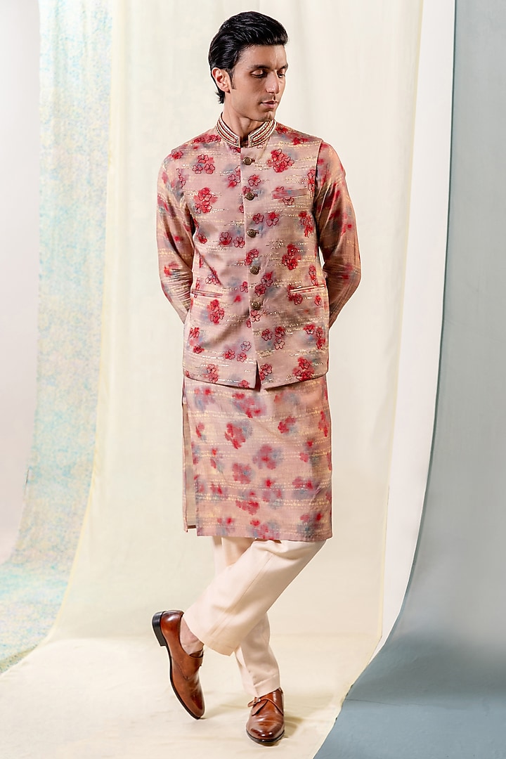 Cinnamon Modal Satin Floral Printed & Hand Embroidered Bundi Jacket by Philocaly