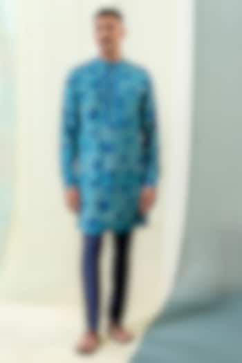 Blue Cotton Tussar Floral Printed Kurta by Philocaly at Pernia's Pop Up Shop