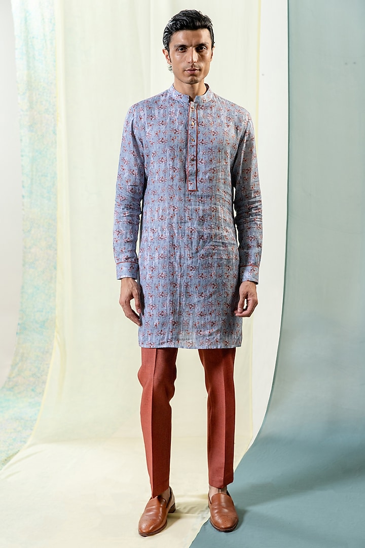 Light Blue Linen Floral Printed Kurta by Philocaly at Pernia's Pop Up Shop