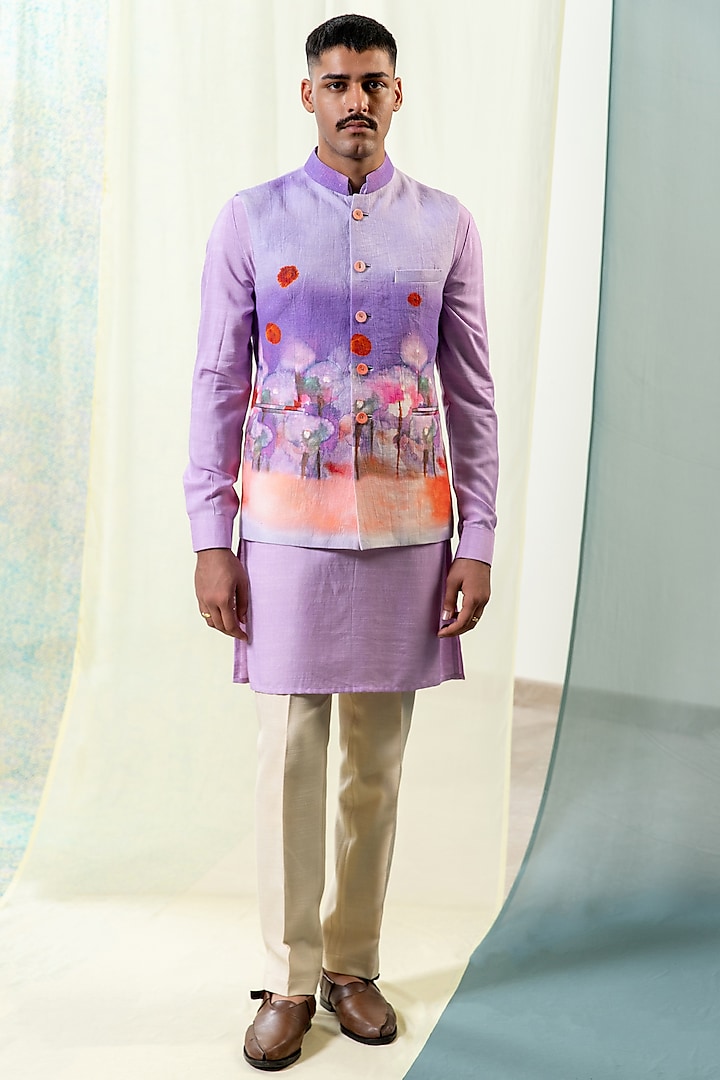 Purple Ombre Linen Printed Bundi Jacket Set by Philocaly