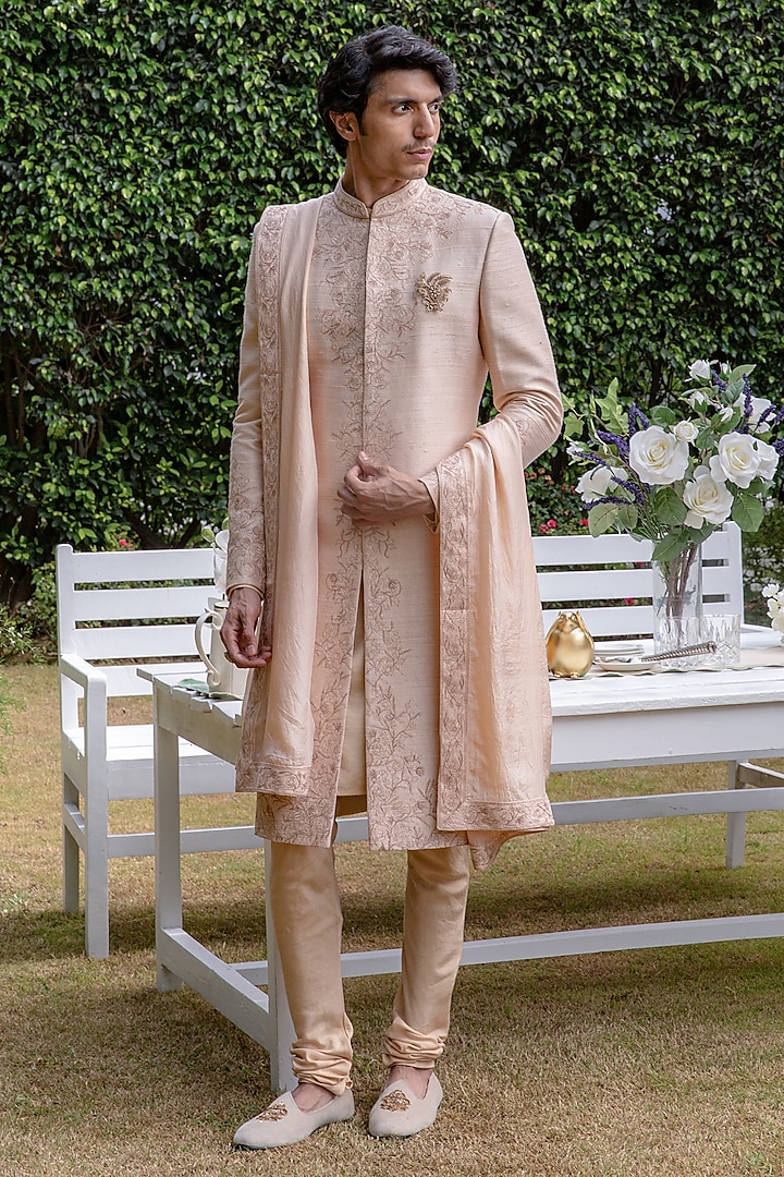 Beige Raw Silk Embroidered Sherwani Set by Philocaly