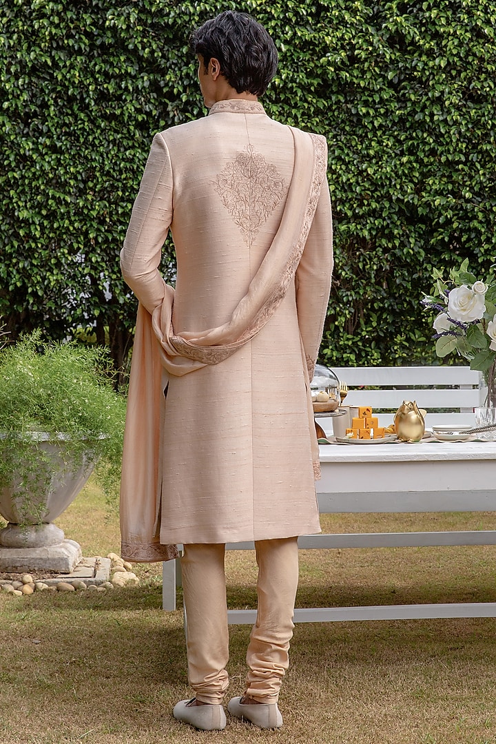 Beige Raw Silk Embroidered Wedding Sherwani Set by Philocaly at Pernia's Pop Up Shop