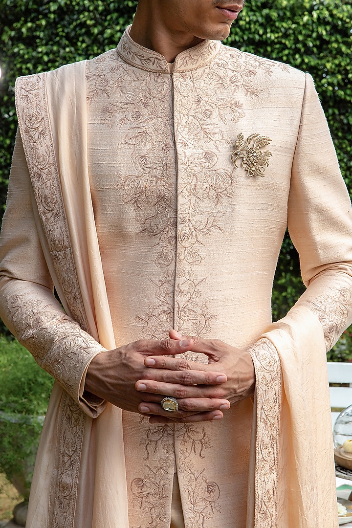 Beige Raw Silk Embroidered Wedding Sherwani Set by Philocaly at Pernia's Pop Up Shop