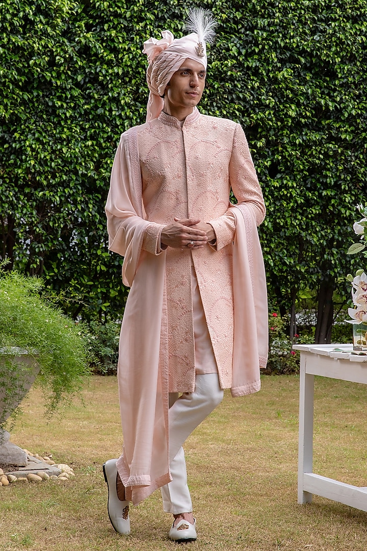 Salmon Pink Embroidered Fabric Sherwani Set by Philocaly