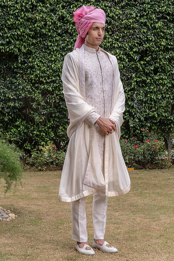 Off-White Raw Silk Bead Embellished Sherwani Set by Philocaly