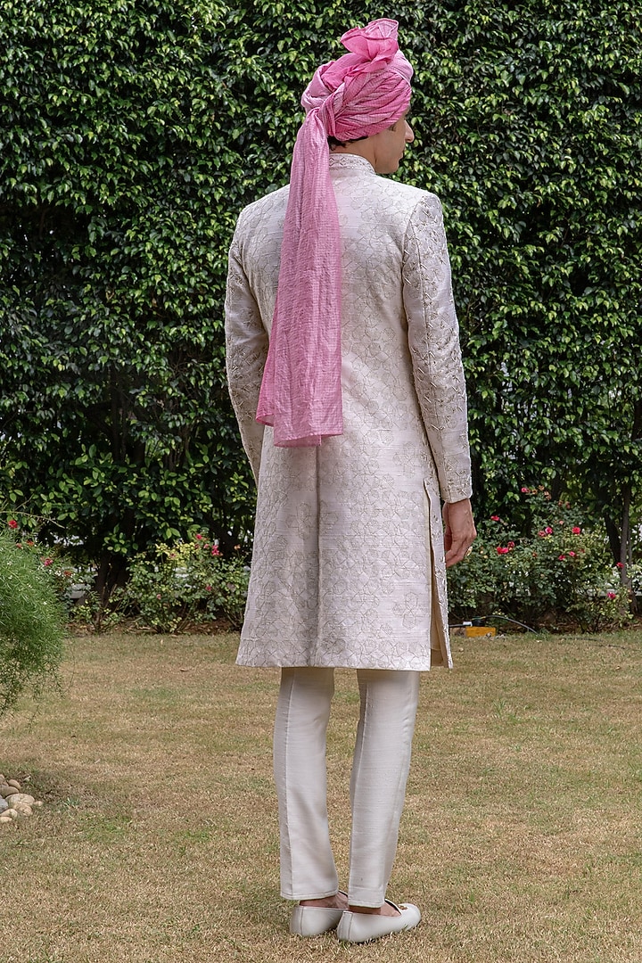 Off-White Raw Silk Bead Embellished Groom Sherwani Set by Philocaly at Pernia's Pop Up Shop