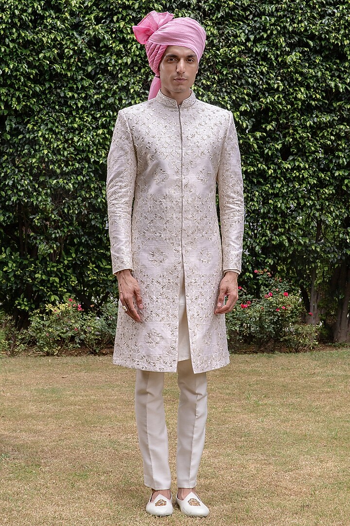 Off-White Raw Silk Bead Embellished Groom Sherwani Set by Philocaly at Pernia's Pop Up Shop