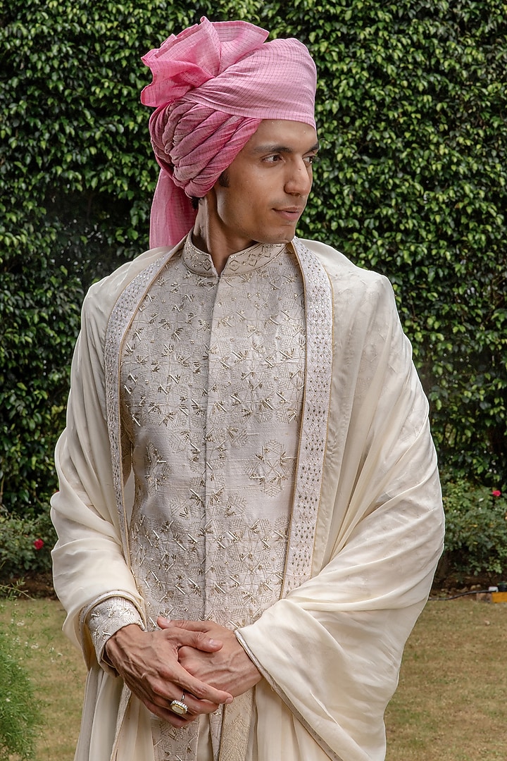 Off-White Raw Silk Bead Embellished Groom Sherwani Set by Philocaly at Pernia's Pop Up Shop