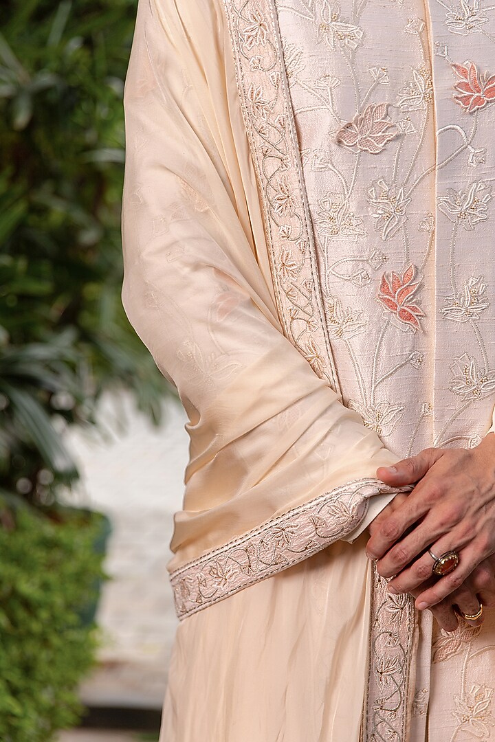 Off-White Raw Silk Floral Motif Embroidered Groom Sherwani Set by Philocaly at Pernia's Pop Up Shop