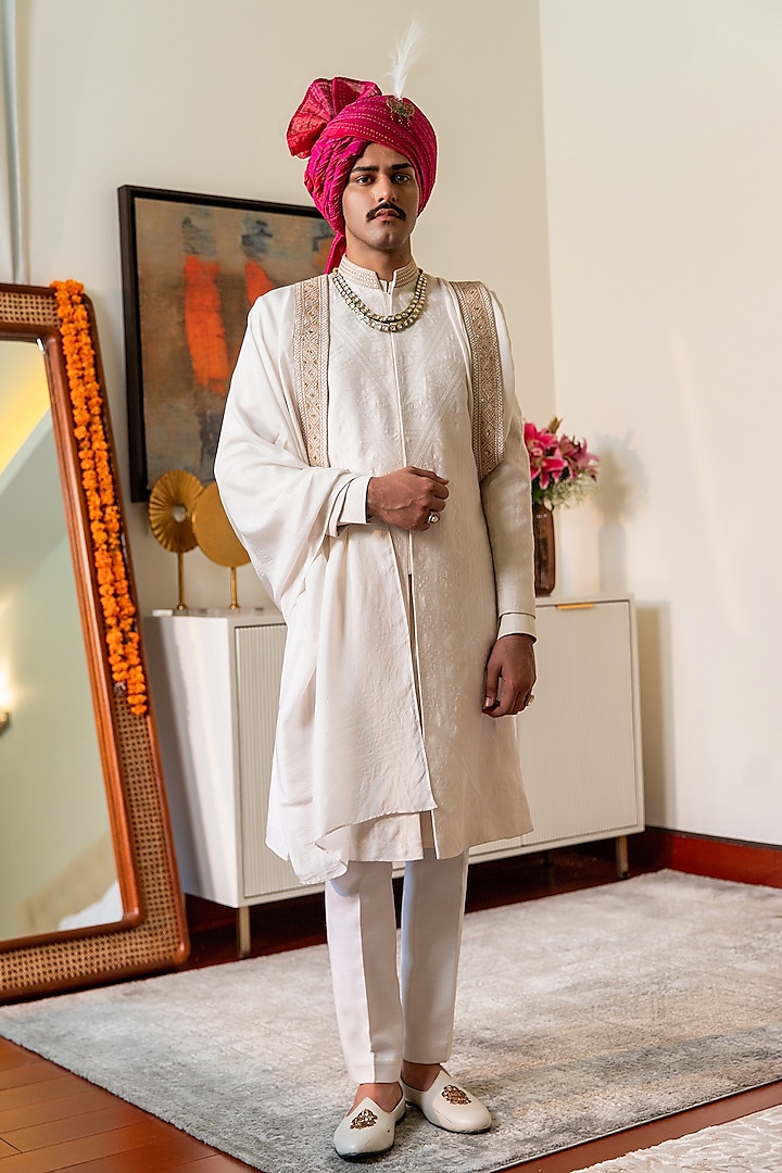 White Embroidered Fabric Groom Sherwani Set by Philocaly at Pernia's Pop Up Shop