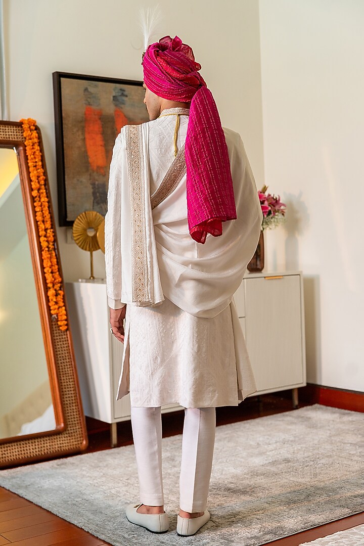 White Embroidered Fabric Groom Sherwani Set by Philocaly at Pernia's Pop Up Shop