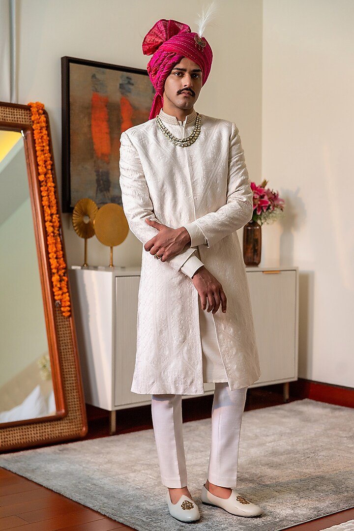 White Embroidered Fabric Groom Sherwani Set by Philocaly at Pernia's Pop Up Shop