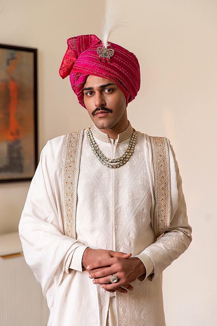White Embroidered Fabric Groom Sherwani Set by Philocaly at Pernia's Pop Up Shop