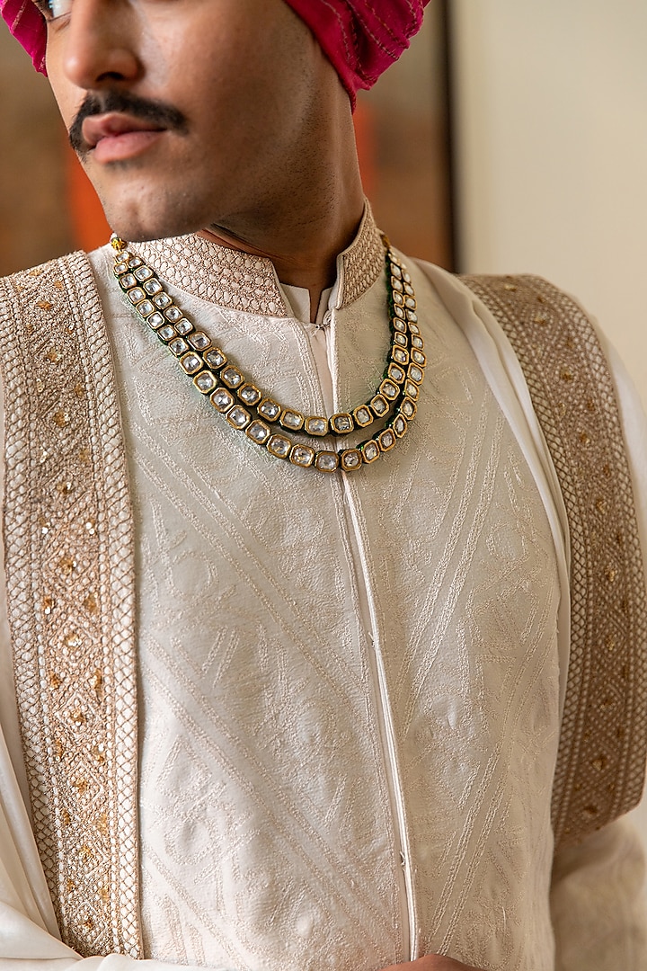 White Embroidered Fabric Groom Sherwani Set by Philocaly at Pernia's Pop Up Shop