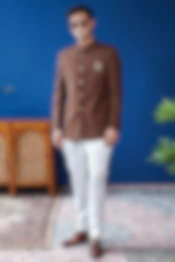 Brown Perennial Wool Bandhgala by Philocaly at Pernia's Pop Up Shop