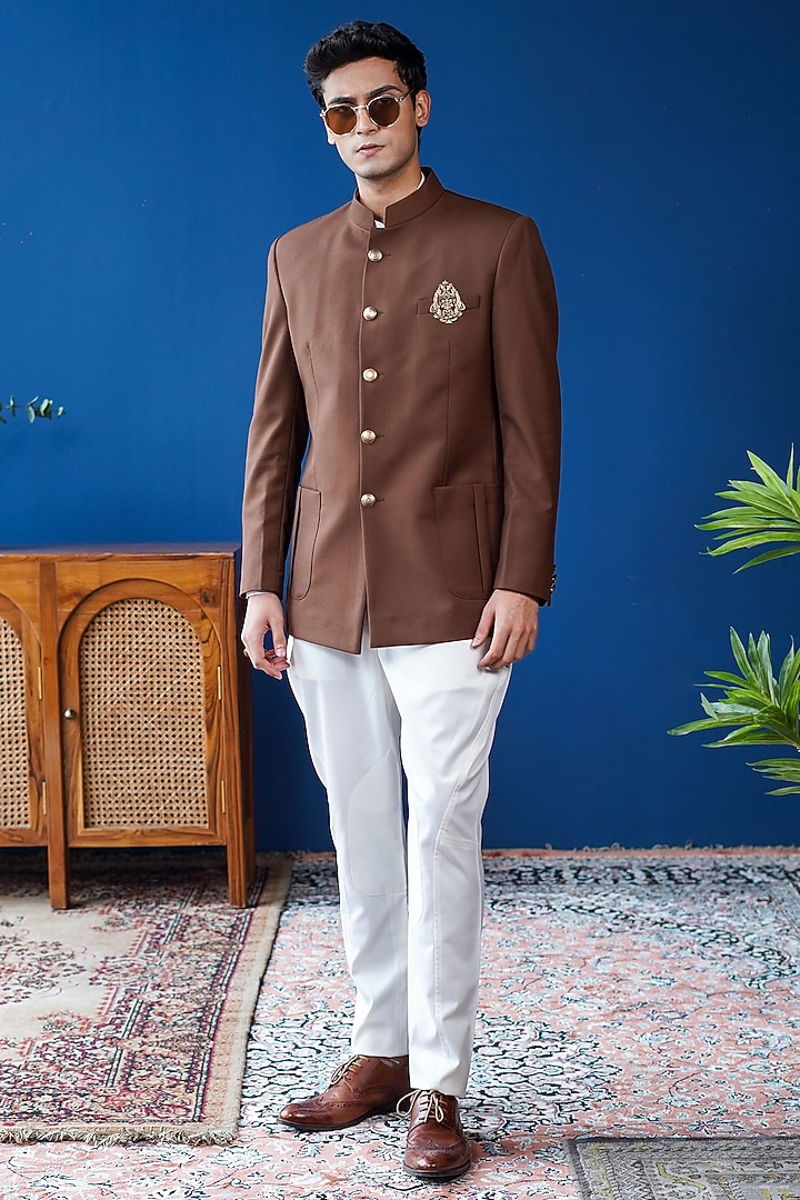 Brown Perennial Wool Bandhgala by Philocaly at Pernia's Pop Up Shop