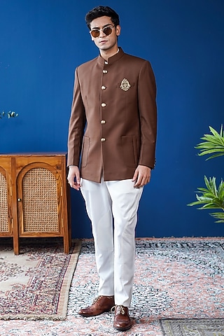 Brown Perennial Wool Bandhgala by Philocaly