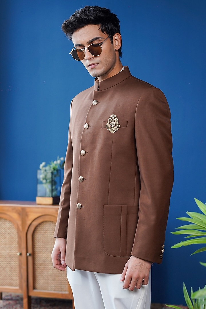 Brown Perennial Wool Bandhgala by Philocaly at Pernia's Pop Up Shop