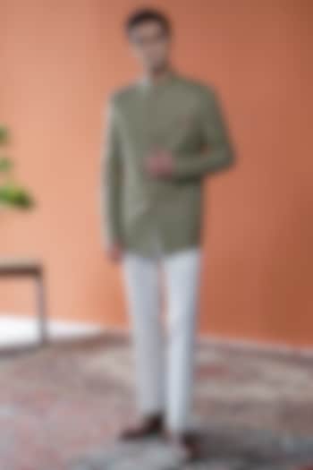 Olive Green Perennial Wool Wedding Bandhgala by Philocaly at Pernia's Pop Up Shop